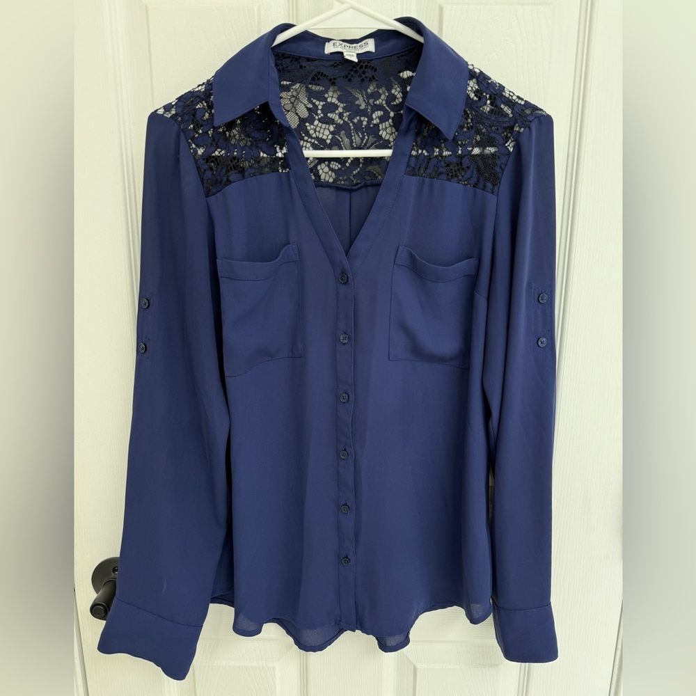 Express Slim Fit Blue Button Down Portofino Shirt Black Lace Insert Size Small